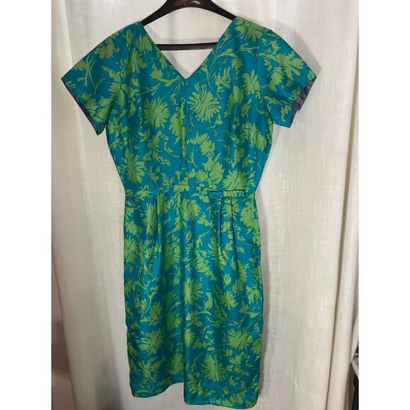Vintage Handmade Blue & Green Floral Sheath Dress Medium Short Sleeves 1950s - Picture 3 of 8